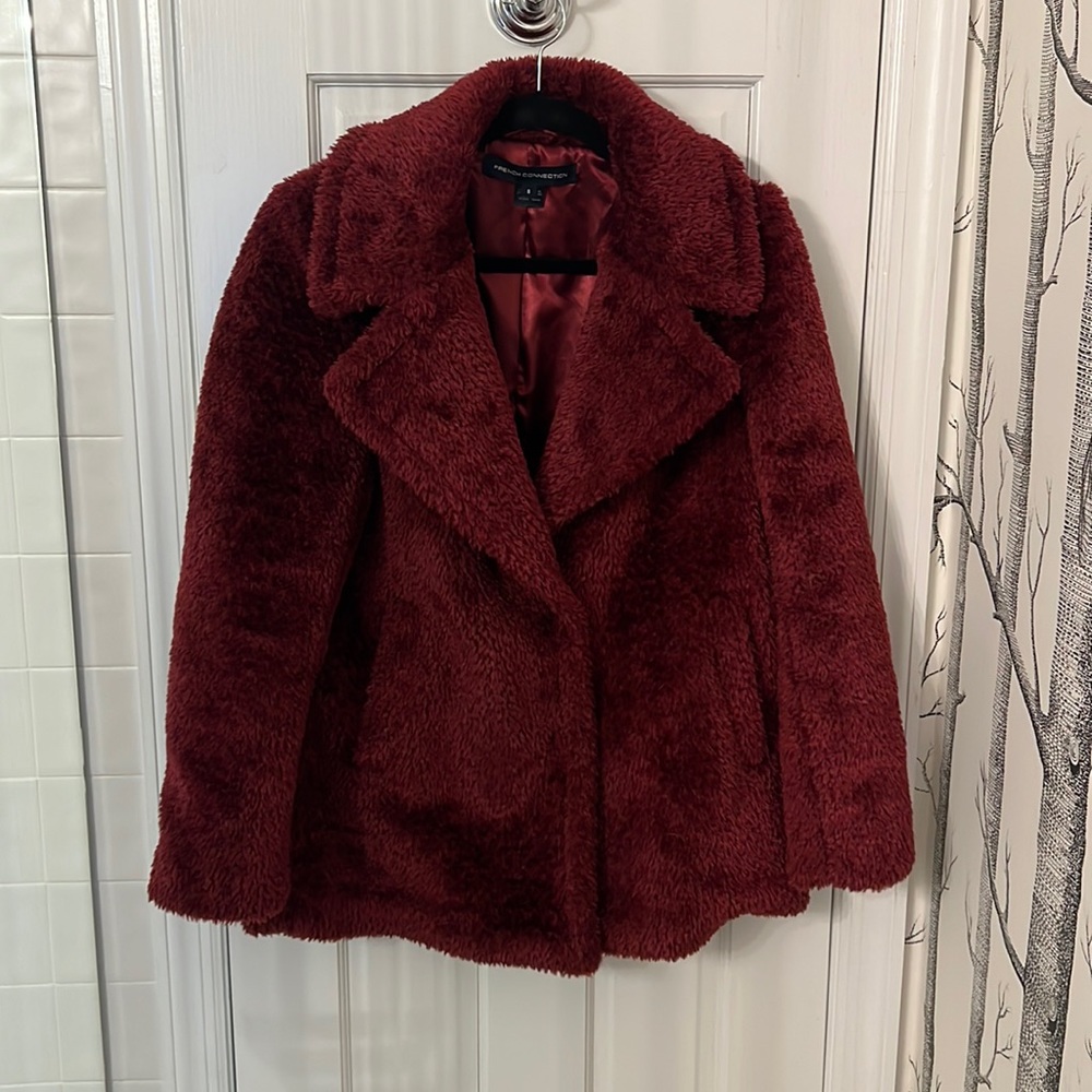 French Connection faux fur coat, garnet red